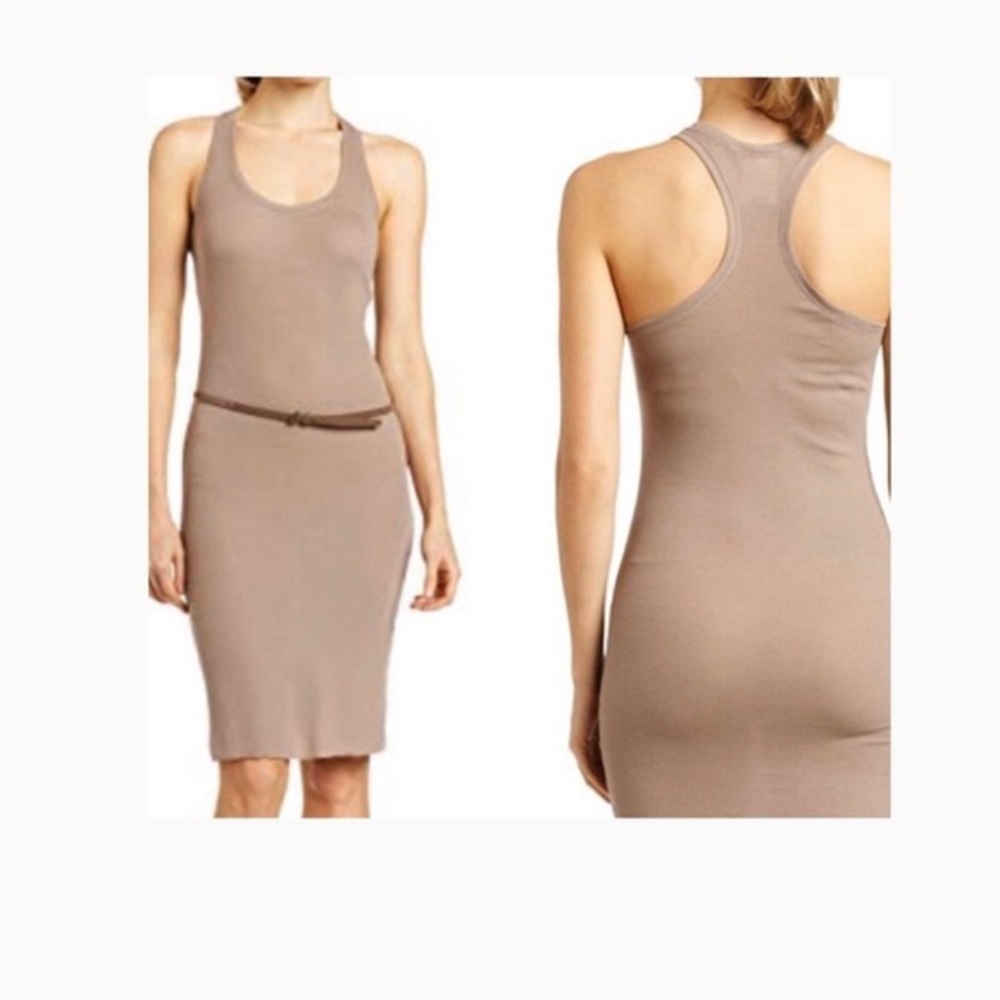 BCBGMAXAZARIA tan ribbed razorback tank dress. NEVER BEEN WORN. Size XS.